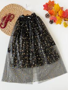 SHEIN Young Girl Galaxy Print Lantern Sleeve Mesh Overlay Party Dress - Black - View 9