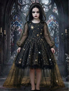 SHEIN Young Girl Galaxy Print Lantern Sleeve Mesh Overlay Party Dress - Black - View 2
