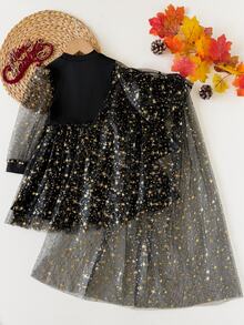 SHEIN Young Girl Galaxy Print Lantern Sleeve Mesh Overlay Party Dress - Black - View 8