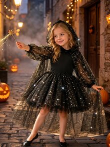SHEIN Young Girl Galaxy Print Lantern Sleeve Mesh Overlay Party Dress - Black - View 4