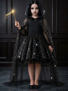 SHEIN Young Girl Galaxy Print Lantern Sleeve Mesh Overlay Party Dress - Black - View 6