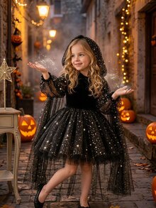 SHEIN Young Girl Galaxy Print Lantern Sleeve Mesh Overlay Party Dress - Black - View 3
