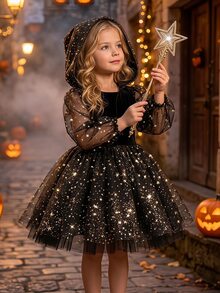 SHEIN Young Girl Galaxy Print Lantern Sleeve Mesh Overlay Party Dress - Black - View 5