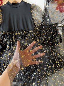 SHEIN Young Girl Galaxy Print Lantern Sleeve Mesh Overlay Party Dress - Black - View 11
