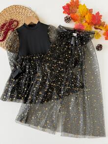 SHEIN Young Girl Galaxy Print Lantern Sleeve Mesh Overlay Party Dress - Black - View 7