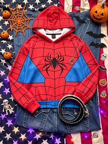 Teen Girls Spider Web Print Pullover Sweatshirt, Cute Red & Blue Contrast Color Loose Graphic Sweatshirt - Multicolor - View 1