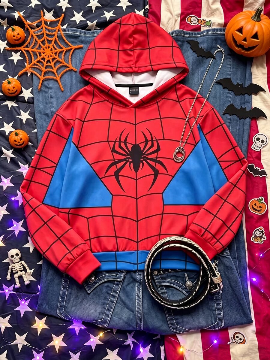 Teen Girls Spider Web Print Pullover Sweatshirt, Cute Red & Blue Contrast Color Loose Graphic Sweatshirt - Multicolor - View 1