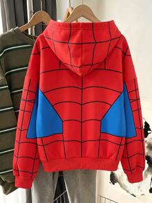 Teen Girls Spider Web Print Pullover Sweatshirt, Cute Red & Blue Contrast Color Loose Graphic Sweatshirt - Multicolor - View 2