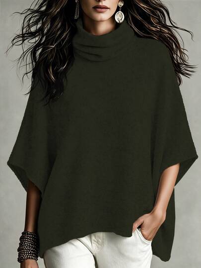 SHEIN Women's New Autumn Winter Elegant Fashion Moss Green Cowl Neck Loose Wool Blend Knit Poncho Style Pullover Sweater, Daily Commute, Casual, Gathering