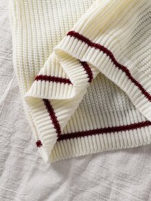 SHEIN Tween Girls Striped Colorblock Pique V-Neck Lantern Sleeve Oversized Pullover Knit Sweater With Number Jacquard, Suitable For Autumn/Winter And Outdoor Wear - Multicolor - View 7