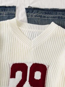 SHEIN Tween Girls Striped Colorblock Pique V-Neck Lantern Sleeve Oversized Pullover Knit Sweater With Number Jacquard, Suitable For Autumn/Winter And Outdoor Wear - Multicolor - View 4