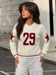 SHEIN Tween Girls Striped Colorblock Pique V-Neck Lantern Sleeve Oversized Pullover Knit Sweater With Number Jacquard, Suitable For Autumn/Winter And Outdoor Wear - Multicolor - View 3