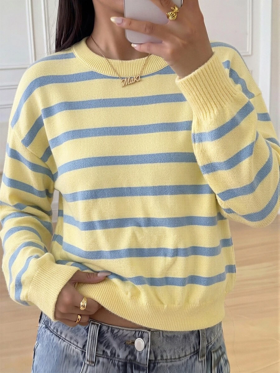 SHEIN Teen Girls Solid Color Casual Lazy Pullover Sweater Round Neck Autumn/Winter New Loose Versatile Knit Top Short - Yellow - View 1