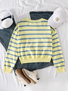 SHEIN Teen Girls Solid Color Casual Lazy Pullover Sweater Round Neck Autumn/Winter New Loose Versatile Knit Top Short - Yellow - View 2