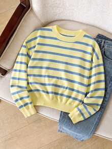 SHEIN Teen Girls Solid Color Casual Lazy Pullover Sweater Round Neck Autumn/Winter New Loose Versatile Knit Top Short - Yellow - View 3