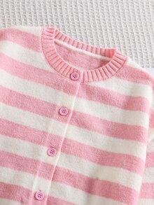 SHEIN Tween Girl Striped Pattern Button Front Cardigan - Pink - View 8