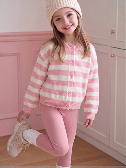SHEIN Tween Girl Striped Pattern Button Front Cardigan