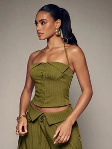 Hauture Fashionable Elegant Sexy Hot Girl Button Design Short Halter Neck Women's Top Going Out Club Olive Green Summer - Green - View 4