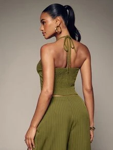 Hauture Fashionable Elegant Sexy Hot Girl Button Design Short Halter Neck Women's Top Going Out Club Olive Green Summer - Green - View 3