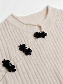 SHEIN Women's New Autumn Winter Elegant Apricot Chinese Style Chinese Knot Button Round Neck Ribbed Knit Sweater, Slant Front Closure Long Sleeve Pullover - Apricot - View 6
