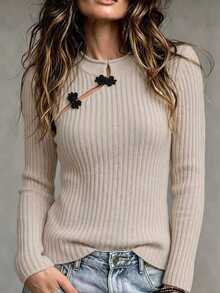 SHEIN Women's New Autumn Winter Elegant Apricot Chinese Style Chinese Knot Button Round Neck Ribbed Knit Sweater, Slant Front Closure Long Sleeve Pullover - Apricot - View 2