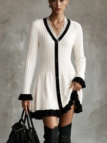 SHEIN PariChic Women's Autumn/Winter Elegant White Lace V-Neck Black Trim Front Button Decor Ribbed Flared Sleeve Ruffle Hem Sweater Dress, Suitable For Casual Afternoon Tea Date Gathering Shopping - Black and White - View 4