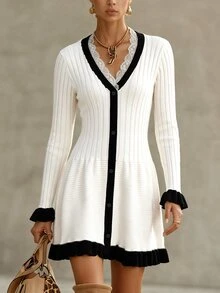 SHEIN PariChic Women's Autumn/Winter Elegant White Lace V-Neck Black Trim Front Button Decor Ribbed Flared Sleeve Ruffle Hem Sweater Dress, Suitable For Casual Afternoon Tea Date Gathering Shopping - Black and White - View 5