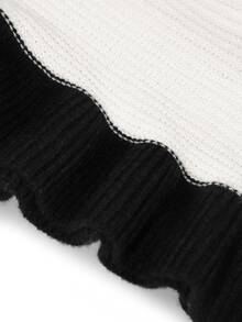 SHEIN PariChic Women's Autumn/Winter Elegant White Lace V-Neck Black Trim Front Button Decor Ribbed Flared Sleeve Ruffle Hem Sweater Dress, Suitable For Casual Afternoon Tea Date Gathering Shopping - Black and White - View 8