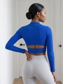 SHEIN Core Rhythm Solid Color Cropped Long Sleeve Sports T-Shirt Gym Royal Blue Autumn Sporty Sexy - Blue - View 2