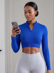 SHEIN Core Rhythm Solid Color Cropped Long Sleeve Sports T-Shirt Gym Royal Blue Autumn Sporty Sexy - Blue - View 4