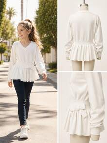 Sweater Anak Perempuan dengan Pita di Bagian Depan dan Hem Peplum - Krem - View 3