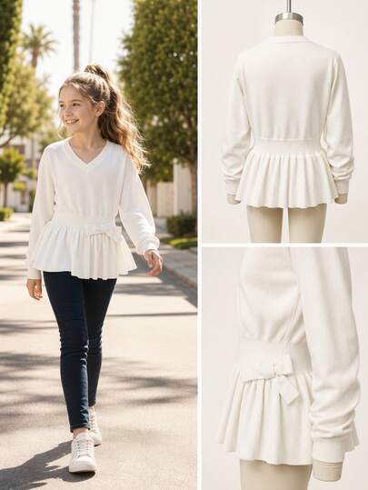 Girls Bow Front Peplum Hem Sweater