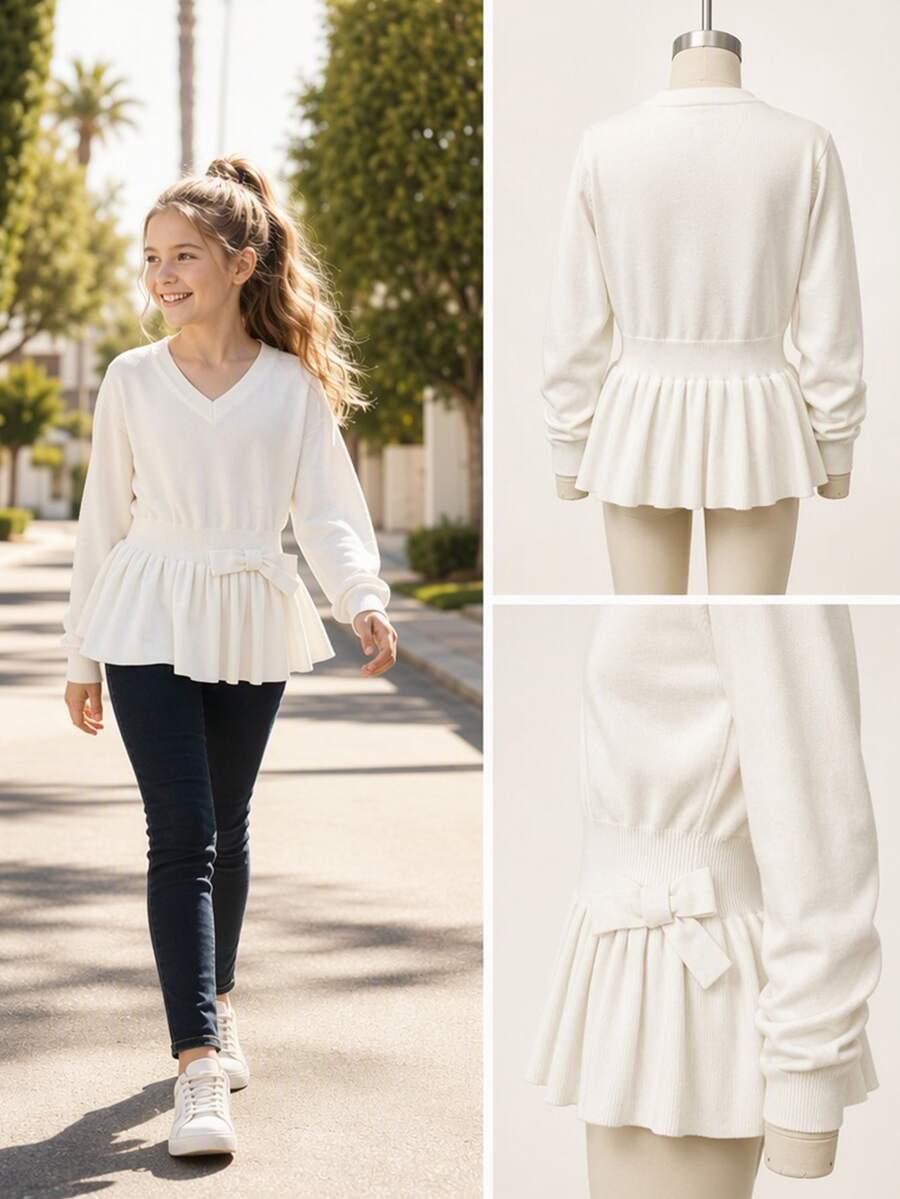 Tween Girl V-Neck Bow Front Peplum Hem Sweater - Beige - View 1