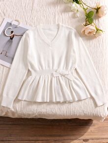 Sweater Anak Perempuan dengan Pita di Bagian Depan dan Hem Peplum - Krem - View 8