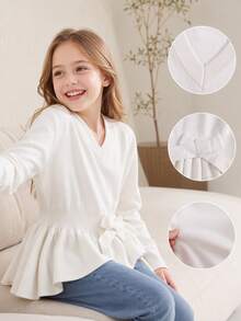 Sweater Anak Perempuan dengan Pita di Bagian Depan dan Hem Peplum - Krem - View 6