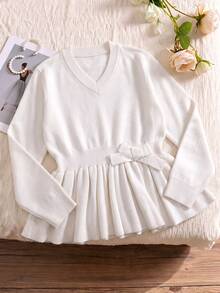 Sweater Anak Perempuan dengan Pita di Bagian Depan dan Hem Peplum - Krem - View 1