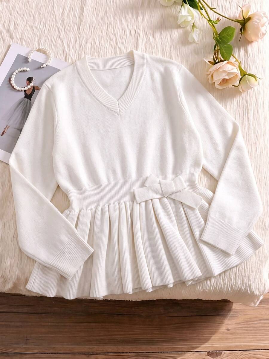 Sweater Anak Perempuan dengan Pita di Bagian Depan dan Hem Peplum - Krem - View 1