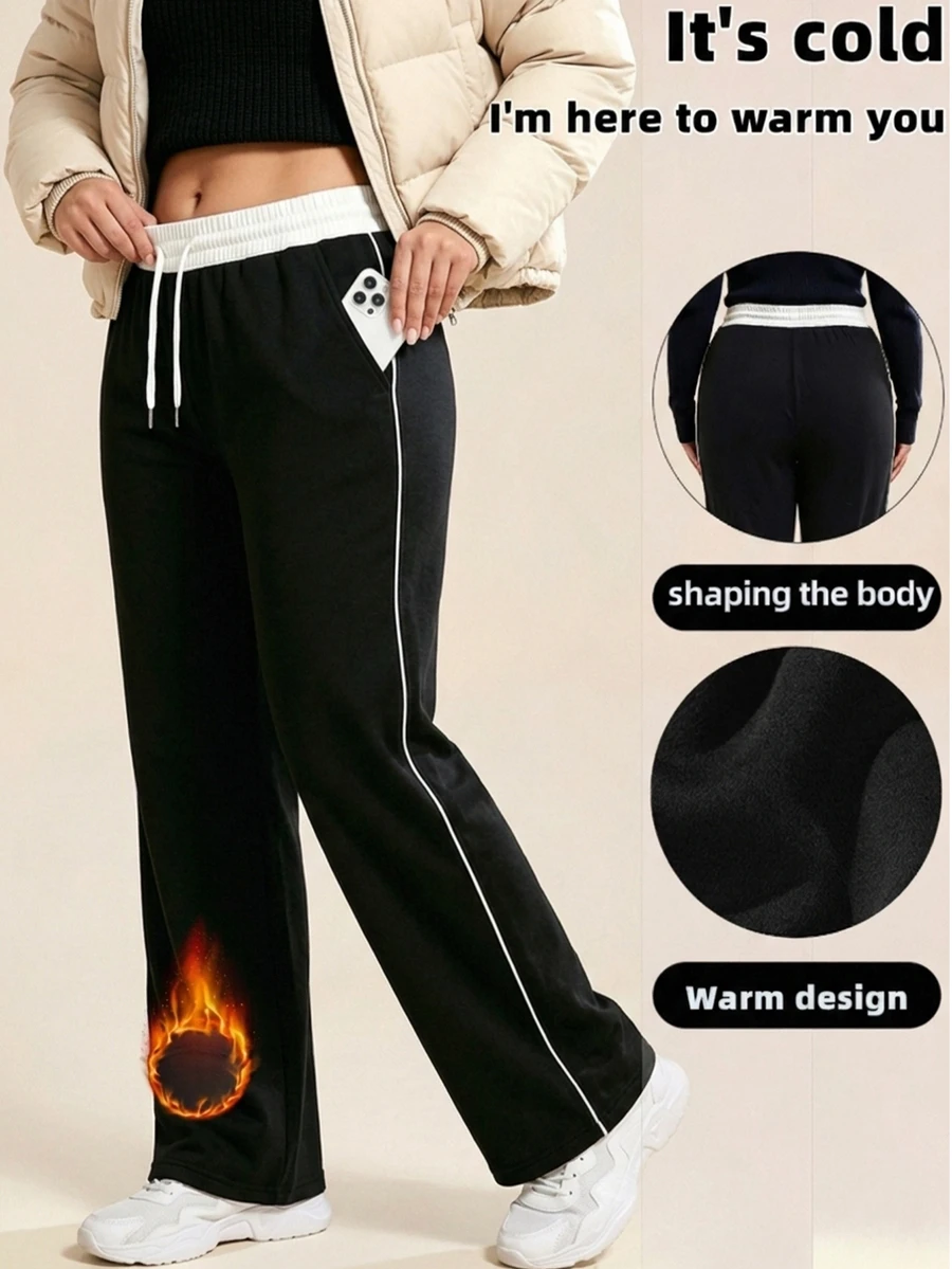 SHEIN Rhythm Era Women's Plus Size Casual Drawstring Waist Pocket Sweatpants - Black - View 1