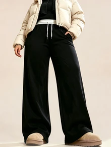 SHEIN Rhythm Era Women's Plus Size Casual Drawstring Waist Pocket Sweatpants - Black - View 3