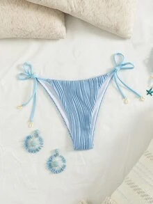 SHEIN Swim Celana Renang Wanita Musim Semi/Panas Motif Kerang Biru dengan Hiasan Kain Jacquard dan Tali Pengikat - Biru - View 6