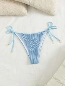 SHEIN Swim Celana Renang Wanita Musim Semi/Panas Motif Kerang Biru dengan Hiasan Kain Jacquard dan Tali Pengikat - Biru - View 5