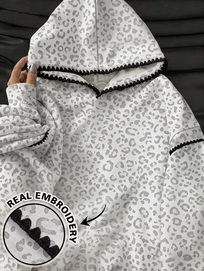 Resyla Women's Outerwear Top, Autumn/Winter New Style, Fashionable & Versatile, Leopard Print, Gray Floral, Dogtooth Edge Craftsmanship, Women's Hooded Sweatshirt, Holiday Outfit