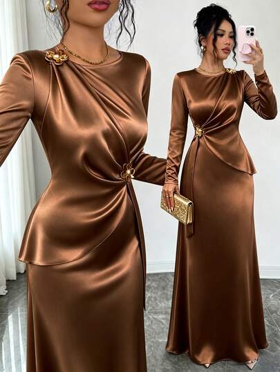 Elenzga Elegante vestido de satén con hombro asimétrico, decoración floral de metal, cintura ceñida, ajustado, manga larga para boda, fiesta, Halloween