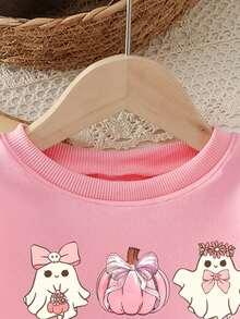 (1 Pc) Young Girls' Fresh Cartoon Ghost Pink Pumpkin Bow Flower Basket Pattern Basic Crew Neck Sweatshirt, Halloween Atmosphere Outfit Autumn & Fall - Pink - View 5