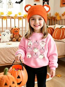 (1 Pc) Young Girls' Fresh Cartoon Ghost Pink Pumpkin Bow Flower Basket Pattern Basic Crew Neck Sweatshirt, Halloween Atmosphere Outfit Autumn & Fall - Pink - View 7