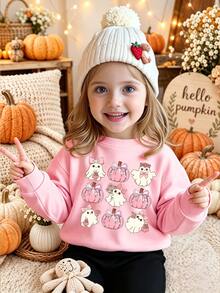 (1 Pc) Young Girls' Fresh Cartoon Ghost Pink Pumpkin Bow Flower Basket Pattern Basic Crew Neck Sweatshirt, Halloween Atmosphere Outfit Autumn & Fall - Pink - View 3