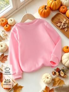 (1 Pc) Young Girls' Fresh Cartoon Ghost Pink Pumpkin Bow Flower Basket Pattern Basic Crew Neck Sweatshirt, Halloween Atmosphere Outfit Autumn & Fall - Pink - View 2