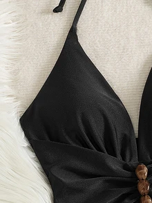Bonvoyette Baju Renang Terusan Wanita Musim Semi/Panas untuk Festival Musik Pantai, Warna Cokelat Berkilau, Bahan Mengkilap, Bagian Belakang V Dalam, Tali Serut, Tali Bahu. - Hitam - View 3