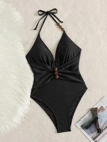 Bonvoyette Baju Renang Terusan Wanita Musim Semi/Panas untuk Festival Musik Pantai, Warna Cokelat Berkilau, Bahan Mengkilap, Bagian Belakang V Dalam, Tali Serut, Tali Bahu. - Hitam - View 6