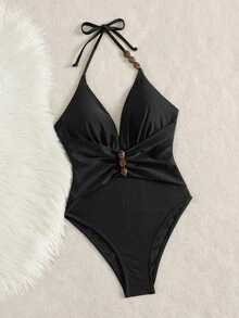Bonvoyette Baju Renang Terusan Wanita Musim Semi/Panas untuk Festival Musik Pantai, Warna Cokelat Berkilau, Bahan Mengkilap, Bagian Belakang V Dalam, Tali Serut, Tali Bahu. - Hitam - View 5